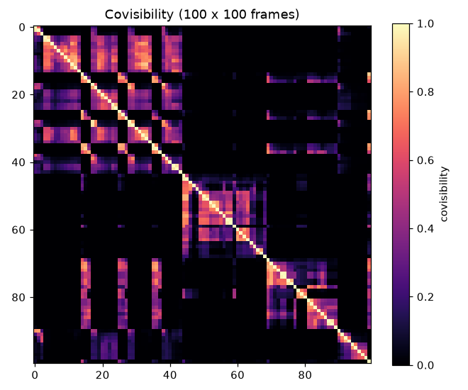 100×100 的 covisibility 矩阵。亮块是连续看同一片区域的时间段。